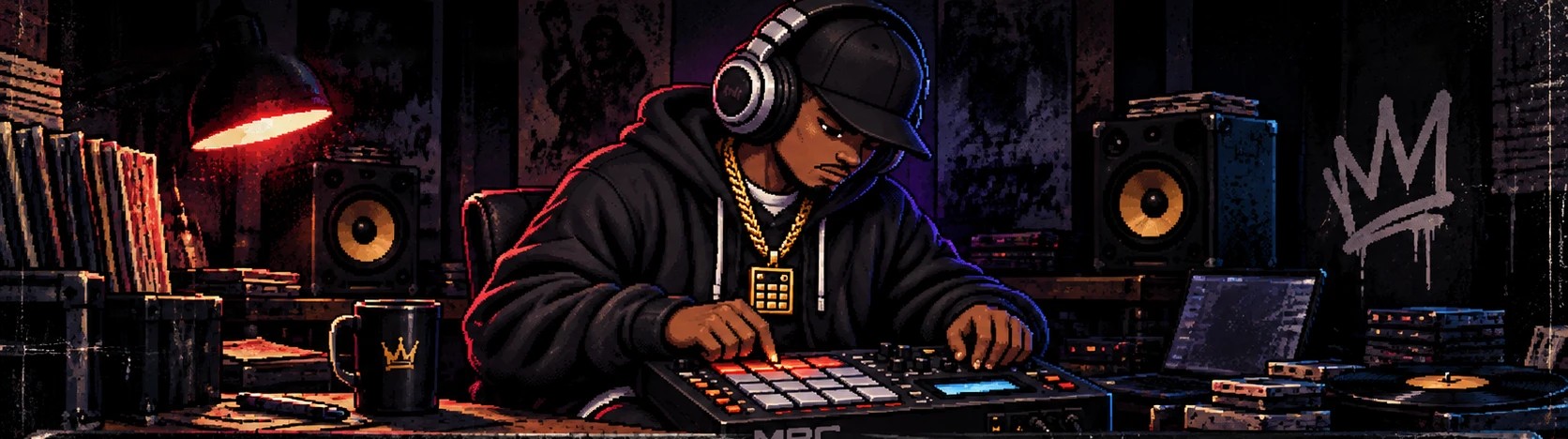 MZPRD producing beats on an MPC in a dark studio with speakers, a lamp and a laptop