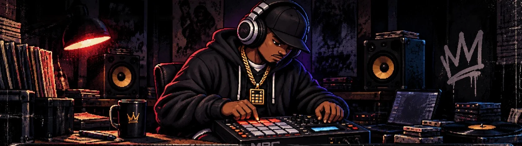 MZPRD producing beats on an MPC in a dark studio with speakers, a lamp and a laptop